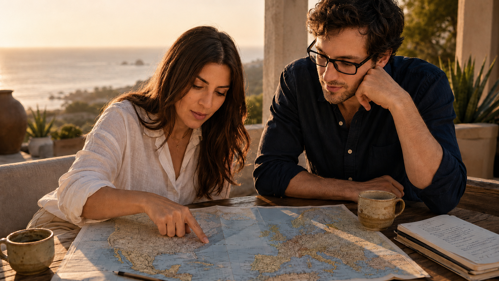 Damaris and Radim, founders of Cabo Elite Travel, planning a journey together at golden hour in Los Cabos