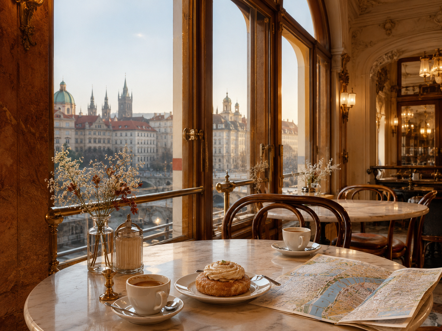 Intimate Prague café with marble table, coffee, pastry and view of the city — Radim's recommendation