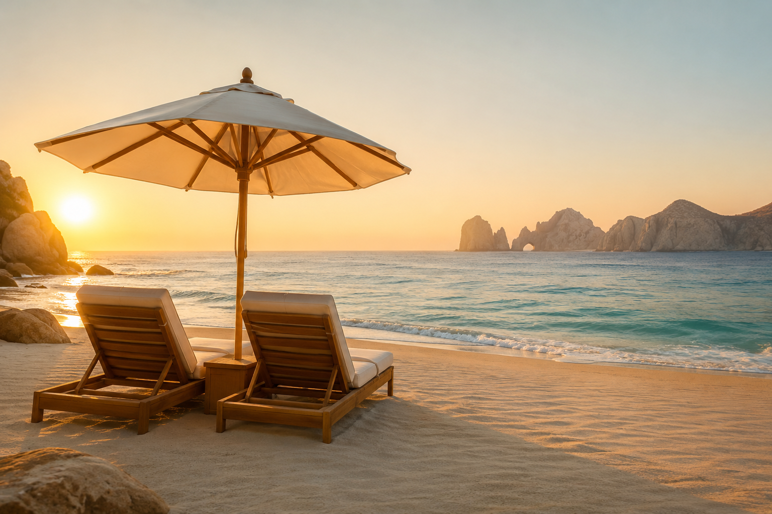Two private beach chairs at golden hour on a pristine Los Cabos beach