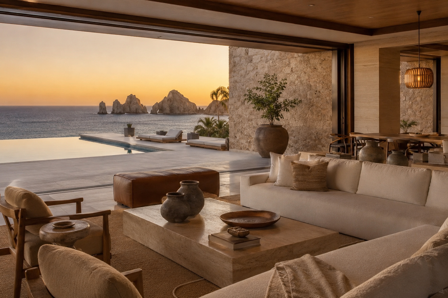 Private luxury villa living room in Los Cabos with infinity pool and El Arco ocean view at sunset