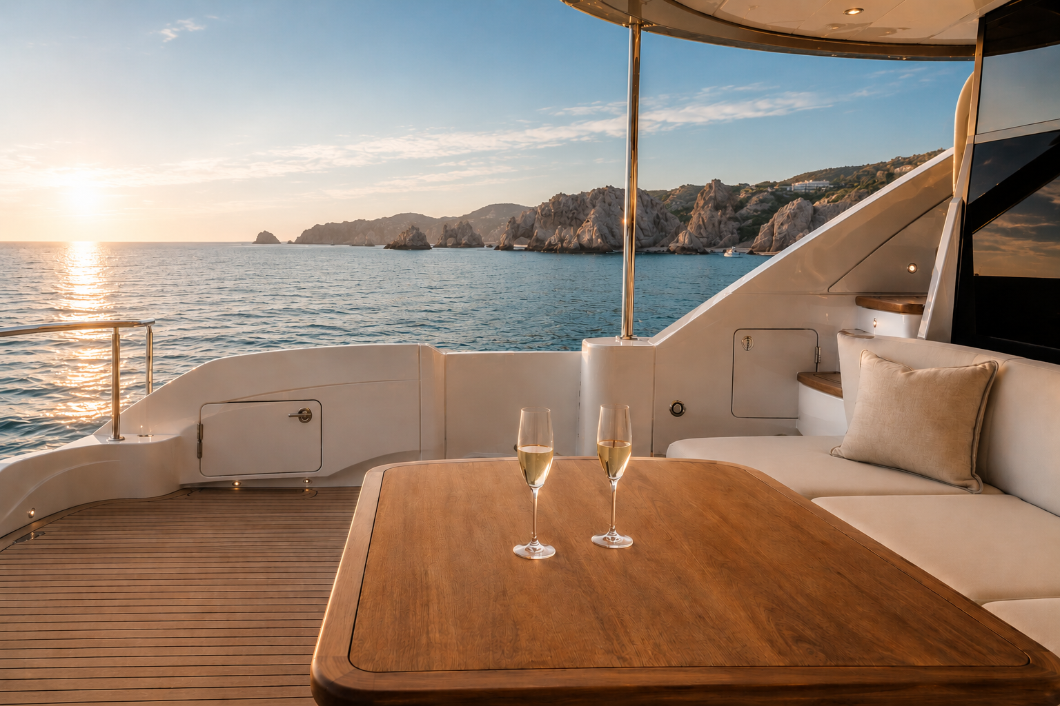 Private luxury yacht at sunset in Los Cabos with champagne and El Arco coastline